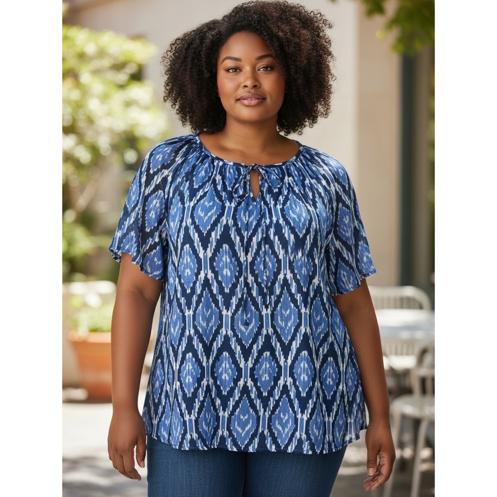 TALBOTS Ikat Peasant Blouse 3X Chiffon Top Boho Casual Office Travel Flowy